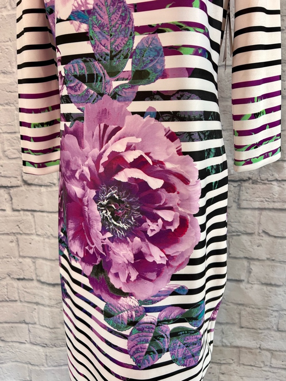 Beige by eci Black White Dress Striped Floral Midi Spring Maximalist Office - Picture 4 of 13